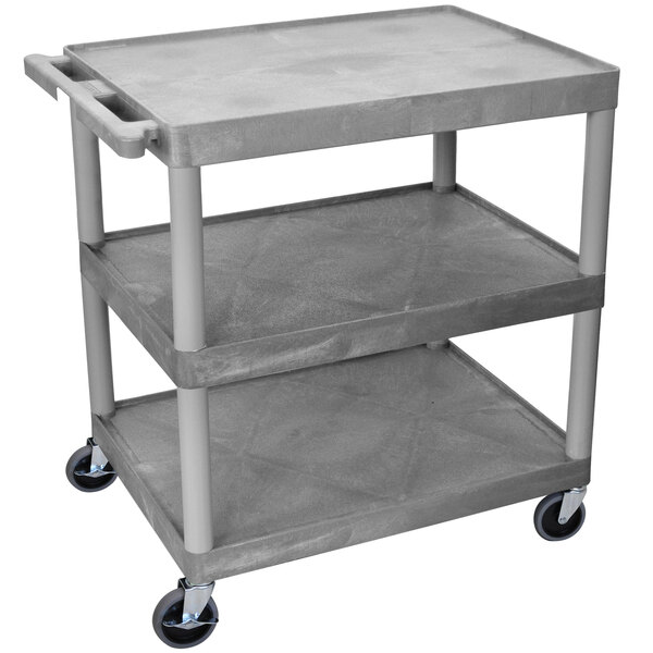 A Luxor gray plastic utility cart with three flat shelves and wheels.