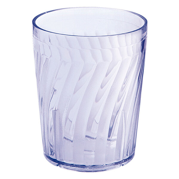 A blue SAN plastic tumbler with a wavy pattern.