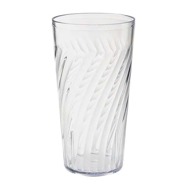 A close-up of a clear GET Tahiti plastic tumbler with a swirl design.