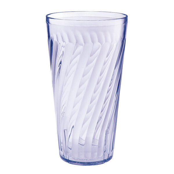 A blue SAN plastic tumbler with a curved design.