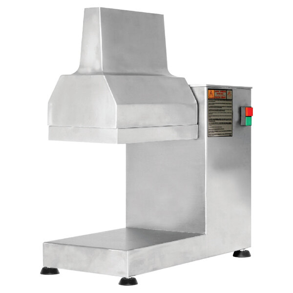An Omcan stainless steel electric meat tenderizer on a counter in a professional kitchen with a large vent.