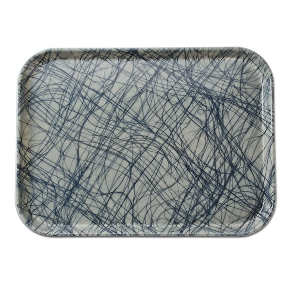 A close-up of a rectangular grey Cambro tray with black lines in a swirl pattern.
