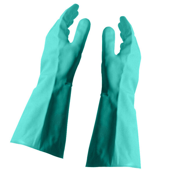San Jamar Nitrile Green Large 13" 15 Mil Gloves with Flock Lining