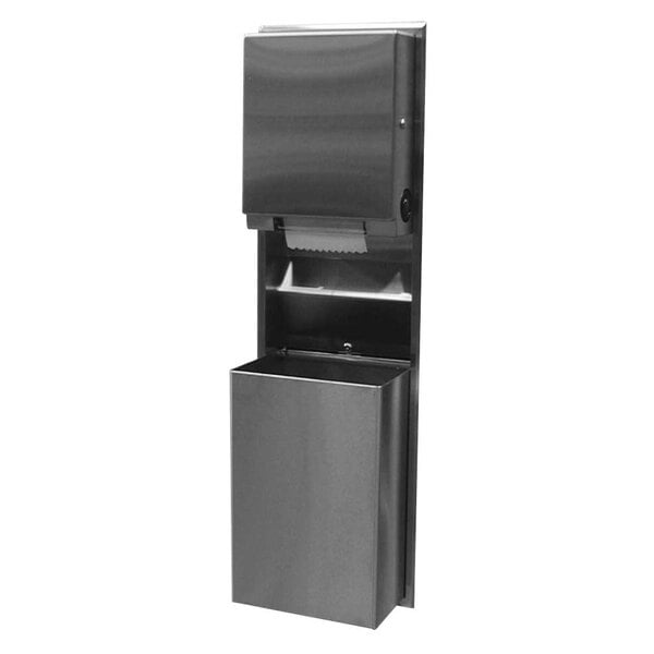 A stainless steel Bobrick paper towel dispenser and waste receptacle.