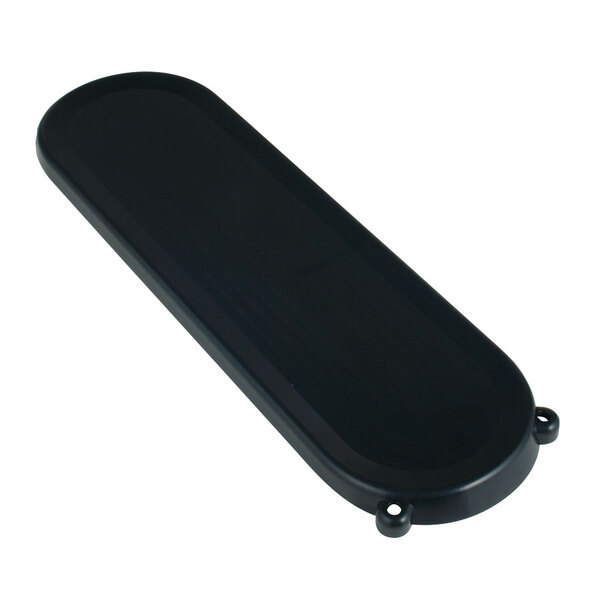 A black rectangular plastic lid with a hole in it.