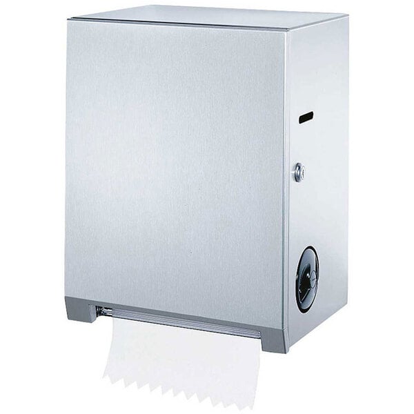 A stainless steel Bobrick surface mounted roll towel dispenser with a key slot.