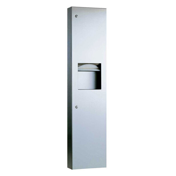 A stainless steel rectangular paper towel dispenser and waste receptacle with a door.