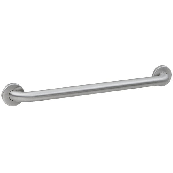 A Bobrick stainless steel grab bar with a satin finish and round ends.