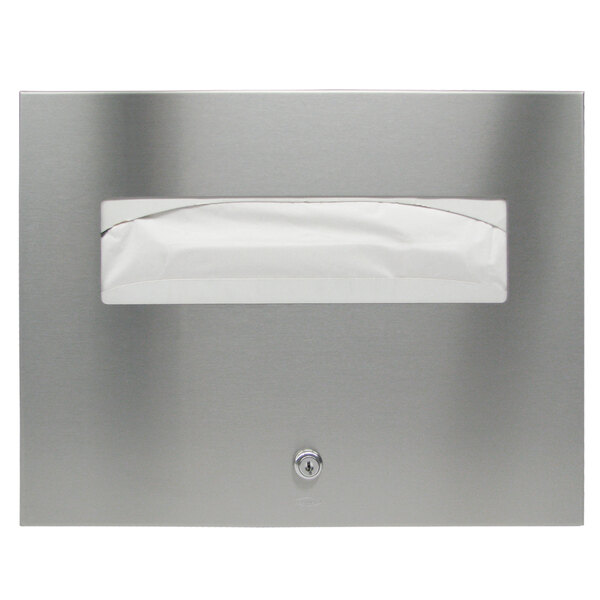 A stainless steel rectangular Bobrick TrimLineSeries toilet seat cover dispenser with a white paper inside.
