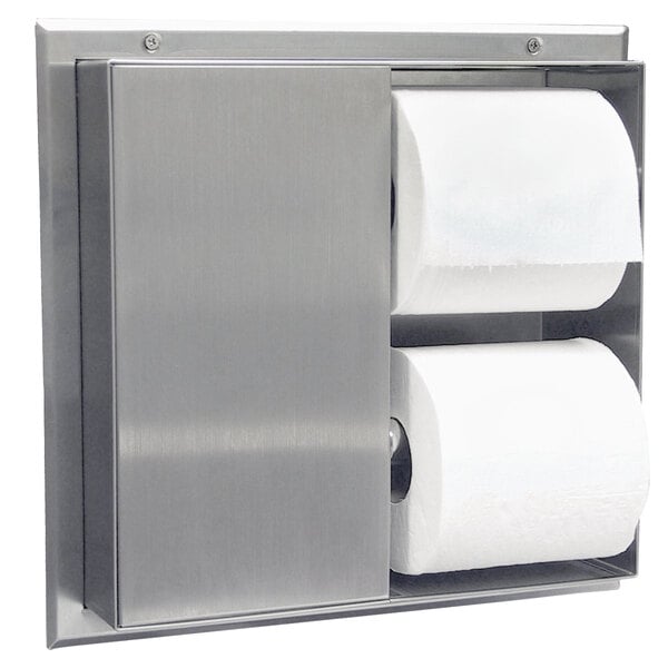 A Bobrick stainless steel partition-mounted toilet paper holder with two rolls of toilet paper.