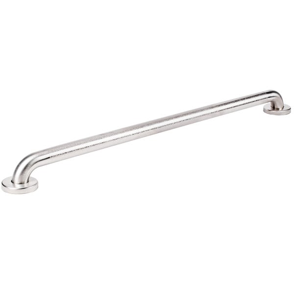 A stainless steel Bobrick handicapped restroom grab bar with a peened grip.