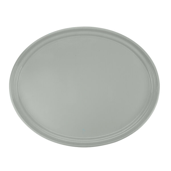 A taupe oval Cambro tray with a white rim.