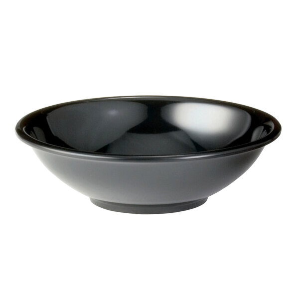 A close-up of a black Tablecraft melamine bowl.