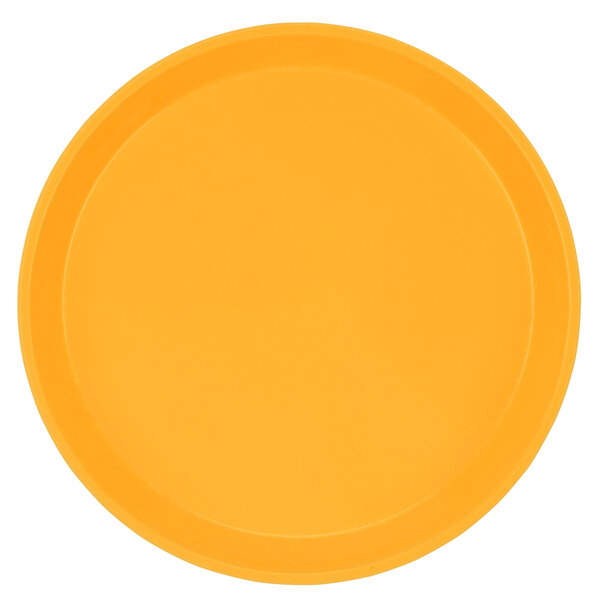 A yellow fiberglass Cambro tray with a white background.