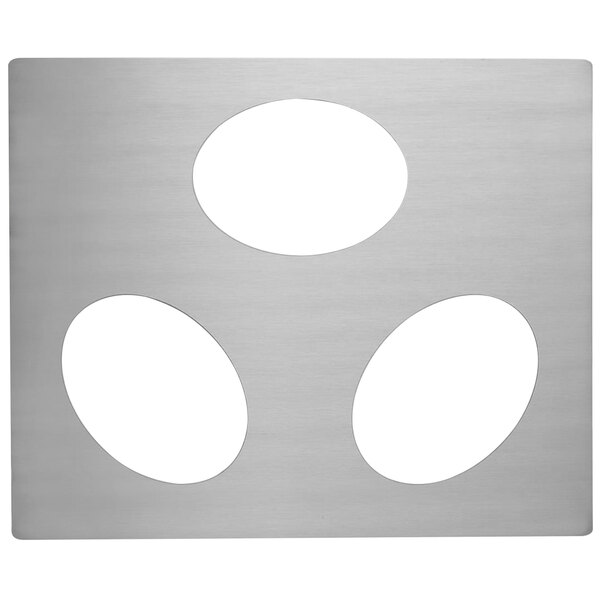 A silver square adapter plate with three small oval holes.