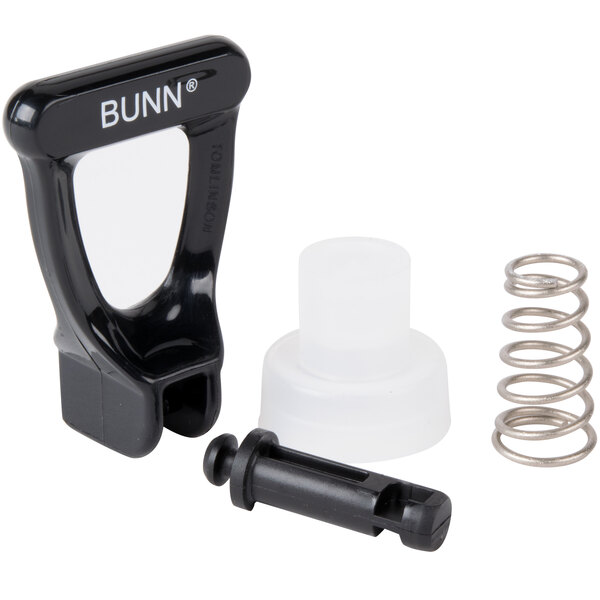 A black and white Bunn faucet repair kit with a white plastic cap and black screw.