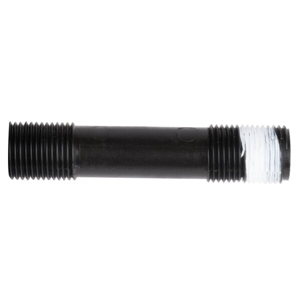 A black tube with white threads on the end.