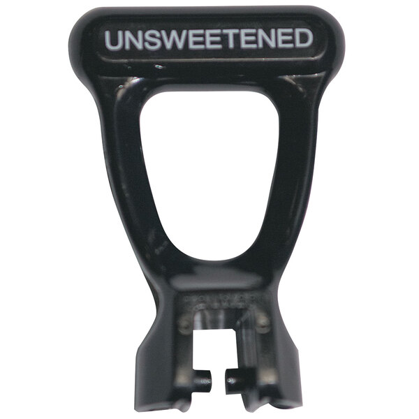 A black plastic Bunn faucet handle with white text reading "unsweetened"
