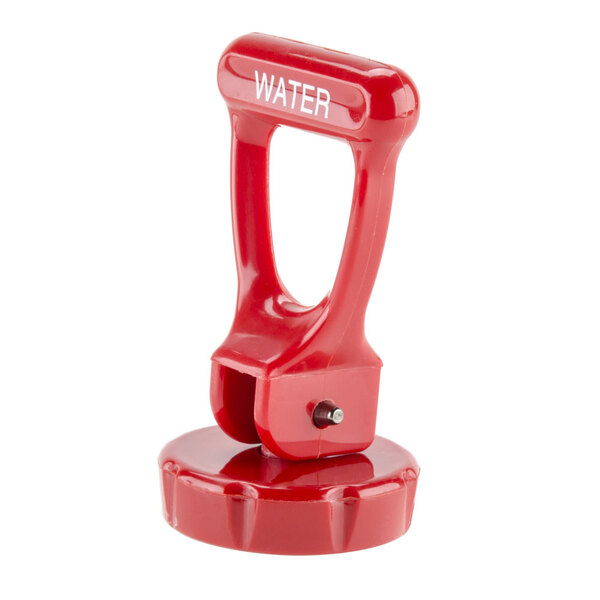 A red plastic object with a Bunn faucet handle and bonnet.