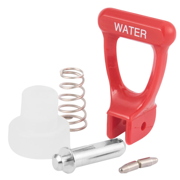 A red plastic water pump with a spring and screw.