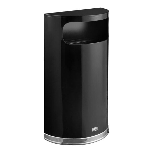 Rubbermaid FGSO820PLBK 9 Gallon European Black with Chrome Accents Half Round Steel Waste Receptacle with Rigid Plastic Liner