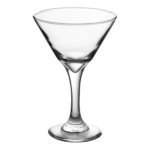 A clear glass martini or cocktail glass with a wide bowl and a long stem.