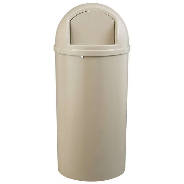 Rubbermaid FG817088BEIG Marshal Classic Beige Round Resin Waste Receptacle with Retainer Bands 100 Qt. / 25 Gallon