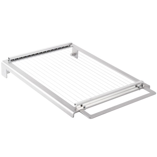 A stainless steel metal rack with wire cutting arms.