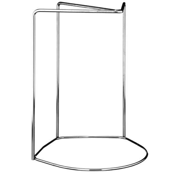 A chrome plated metal rack with a curved metal frame.