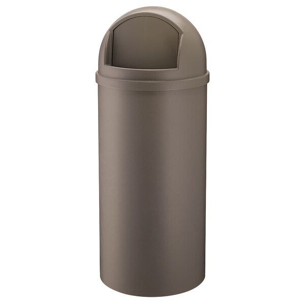 A brown Rubbermaid Marshal Classic trash can with a lid.