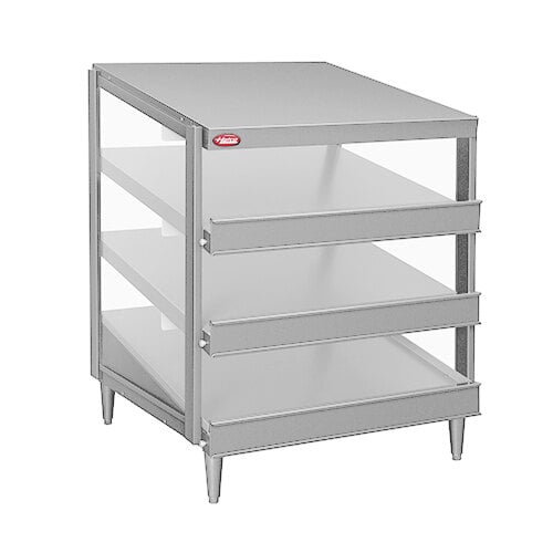 A silver metal shelf with three heated glass shelves.