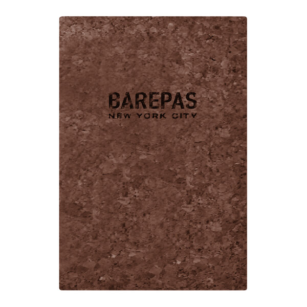 A brown rectangular Menu Solutions cork cover with black text.
