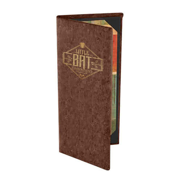 A dark brown cork menu cover with a logo on the front.