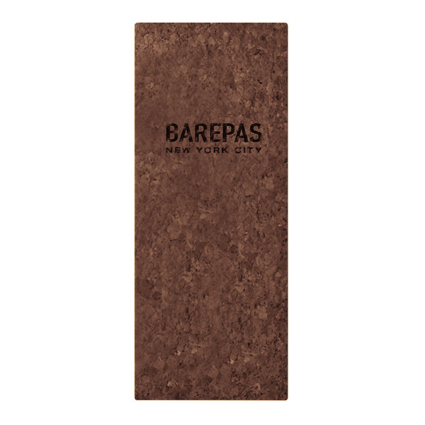 A brown rectangular Menu Solutions dark cork menu cover with black text.