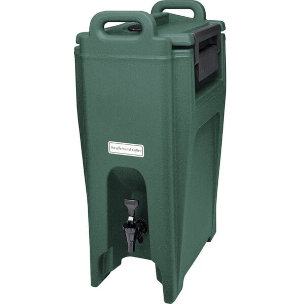 A green plastic Cambro insulated beverage dispenser with a white label and a handle.