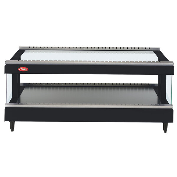 A black and white Hatco countertop display case with a heated glass shelf.