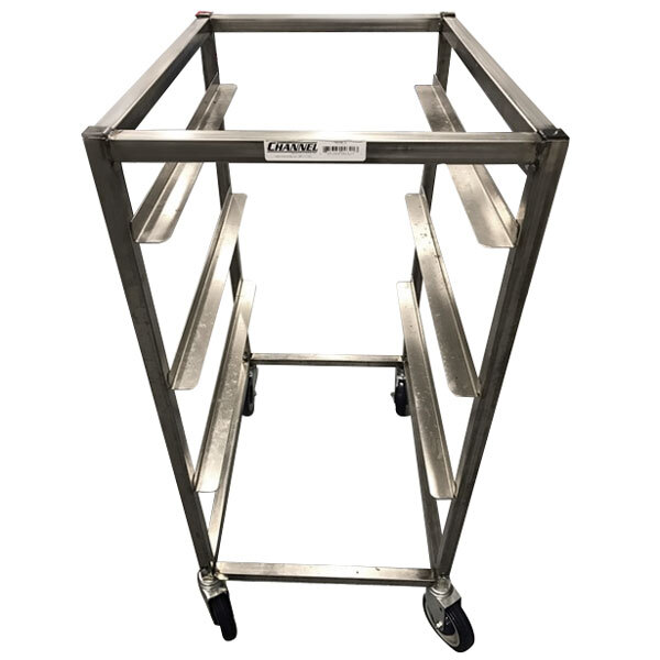 A metal rack with wheels for 3 lugs.