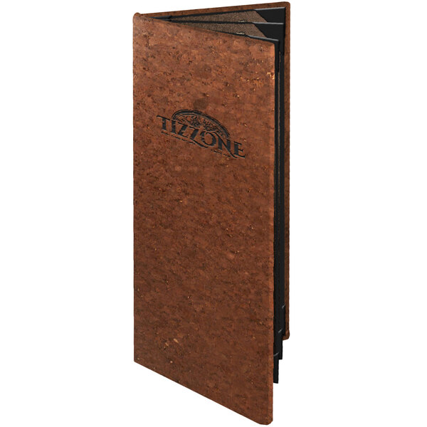A brown Menu Solutions cork menu cover with black customization.