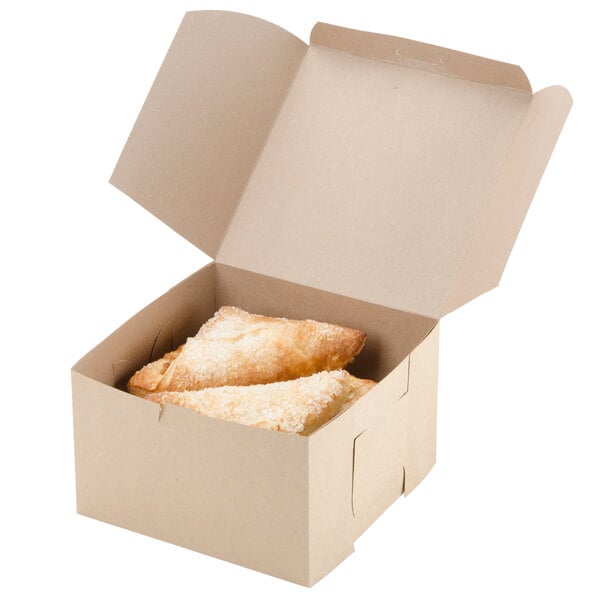 An 8" x 8" x 5" Kraft bakery box with food inside.