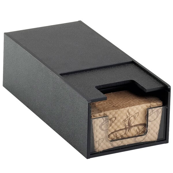 A black box with a brown paper coffee cup sleeve inside.