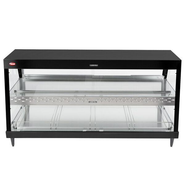 A black stainless steel Hatco countertop food warmer with glass shelves and a glass top.