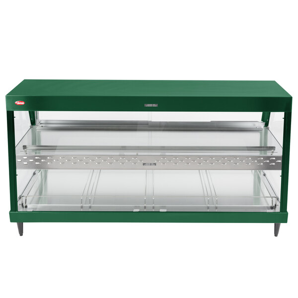 A green and stainless steel Hatco countertop merchandiser with glass shelves.