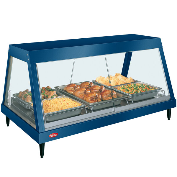 A navy blue Hatco countertop hot food display warmer with trays of food inside.