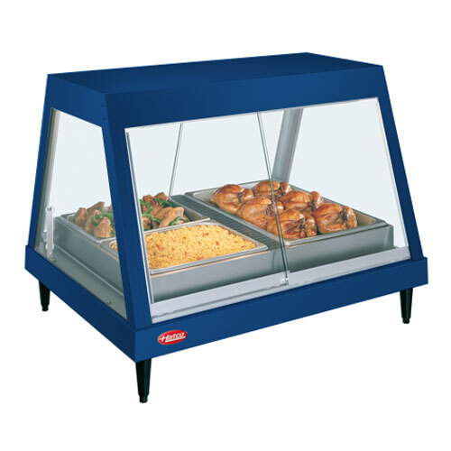 A blue Hatco display case with food in it.