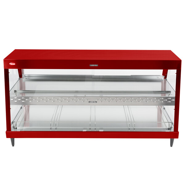 A red display case with glass shelves.