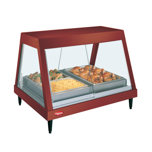 A Hatco stainless steel countertop hot food display warmer with food inside on a shelf.