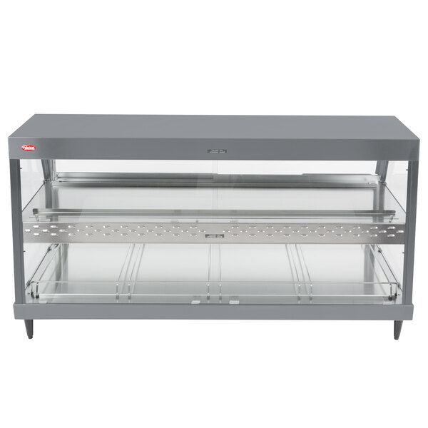 A Hatco grey stainless steel countertop hot food display warmer with glass shelves.
