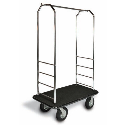 A CSL black metal Bellman's cart with black metal bars and wheels.