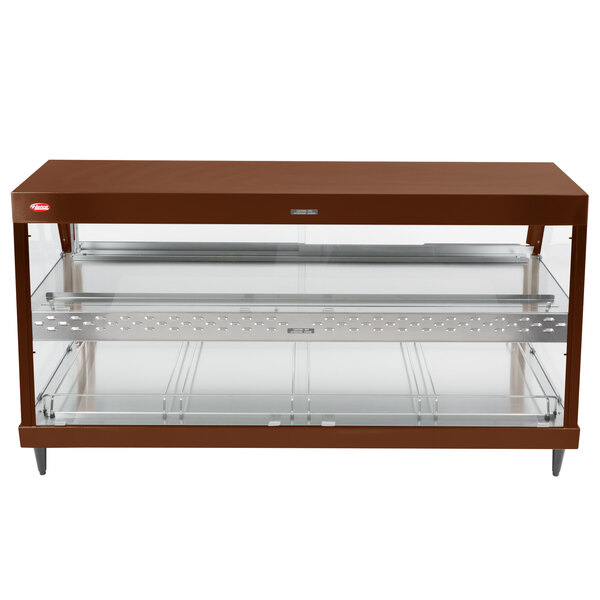 A brown Hatco countertop display case with glass shelves.