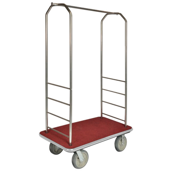 A CSL chrome luggage cart with a red carpet base and metal bars.